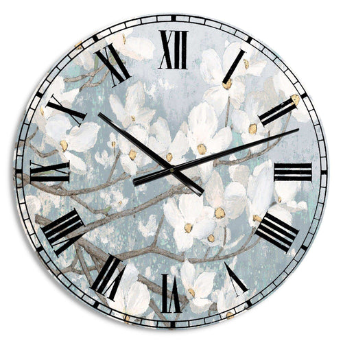 Blue on Grey Blossoms - Cottage Metal Wall Clock