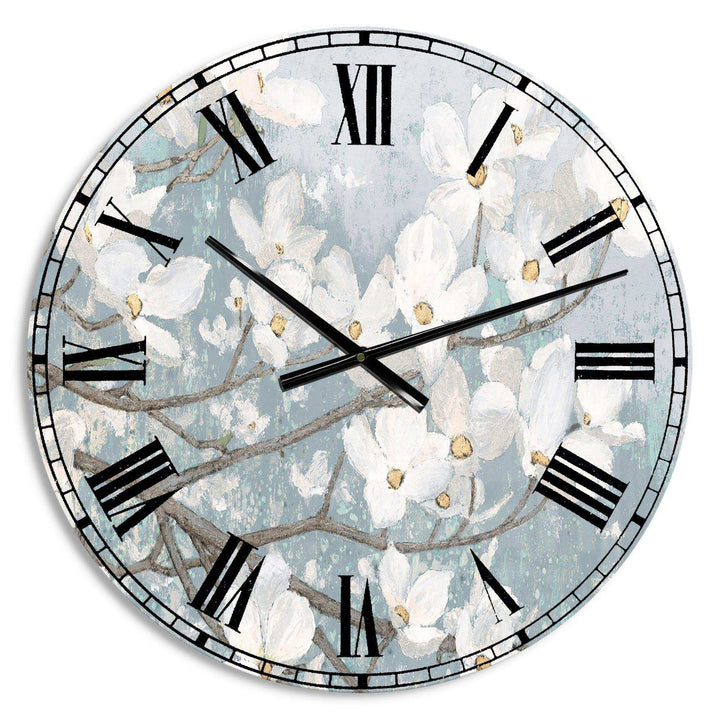 Blue on Grey Blossoms - Cottage Metal Wall Clock