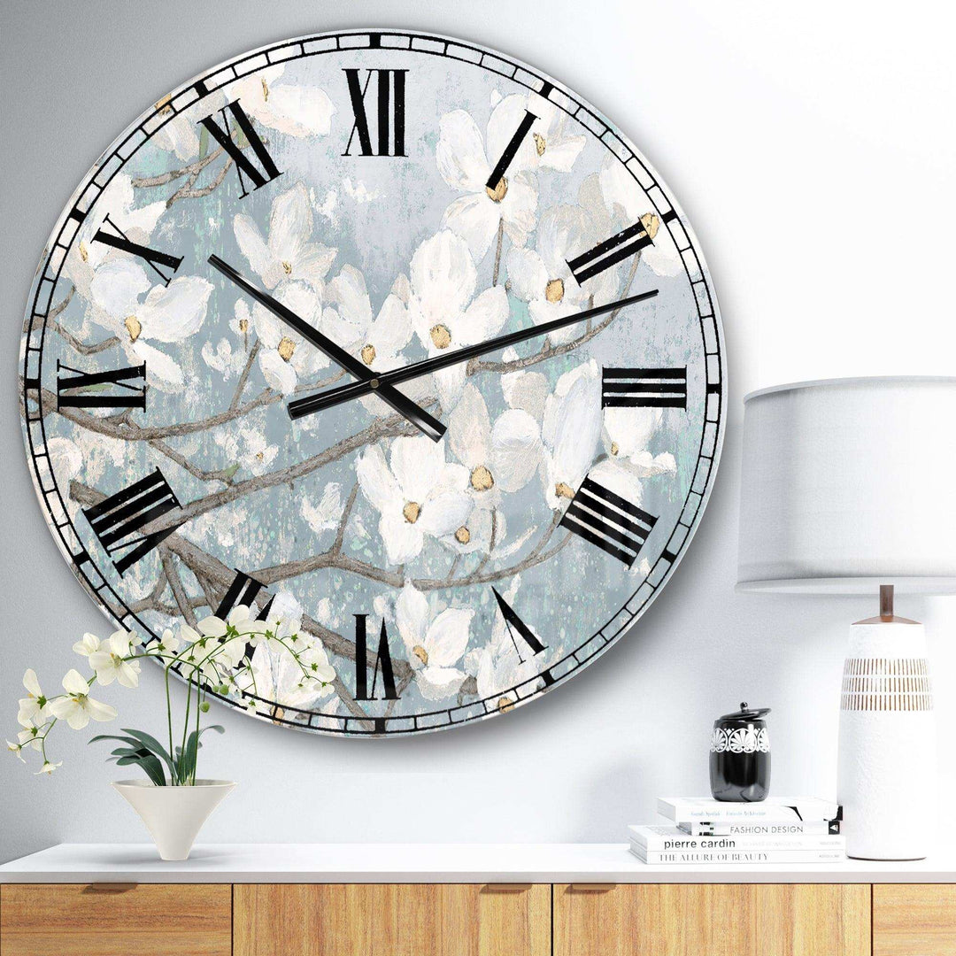 Blue on Grey Blossoms - Cottage Metal Wall Clock
