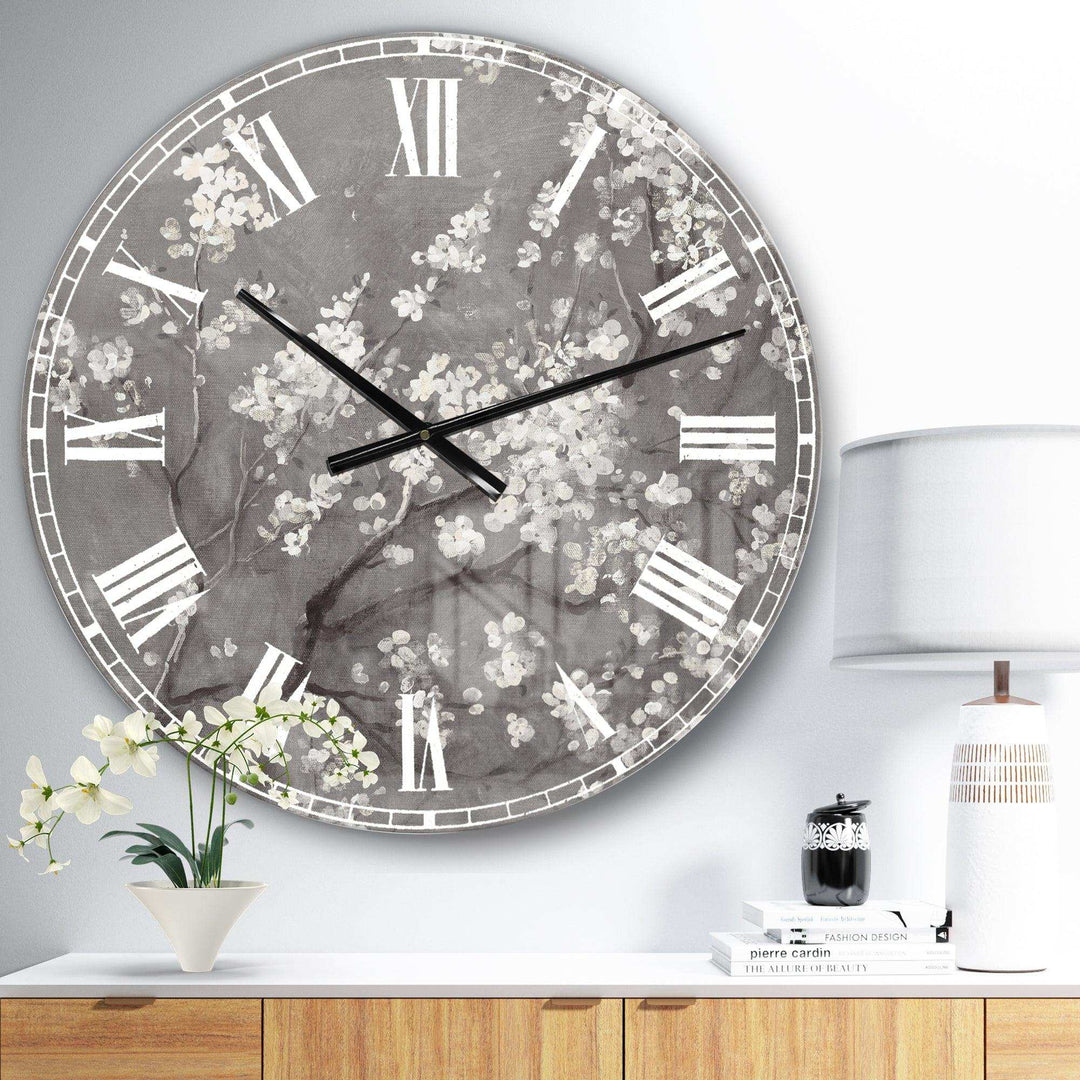 White Cherry Blossoms I - Floral Metal Wall Clock
