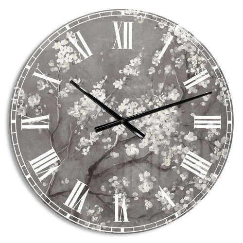 White Cherry Blossoms I - Floral Metal Wall Clock
