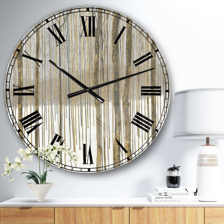Forest in Winter Gold - Landscapes Metal Wall Clock