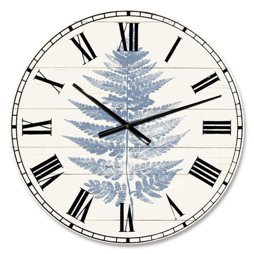 Blue Fern Print on wood I - Floral Metal Wall Clock