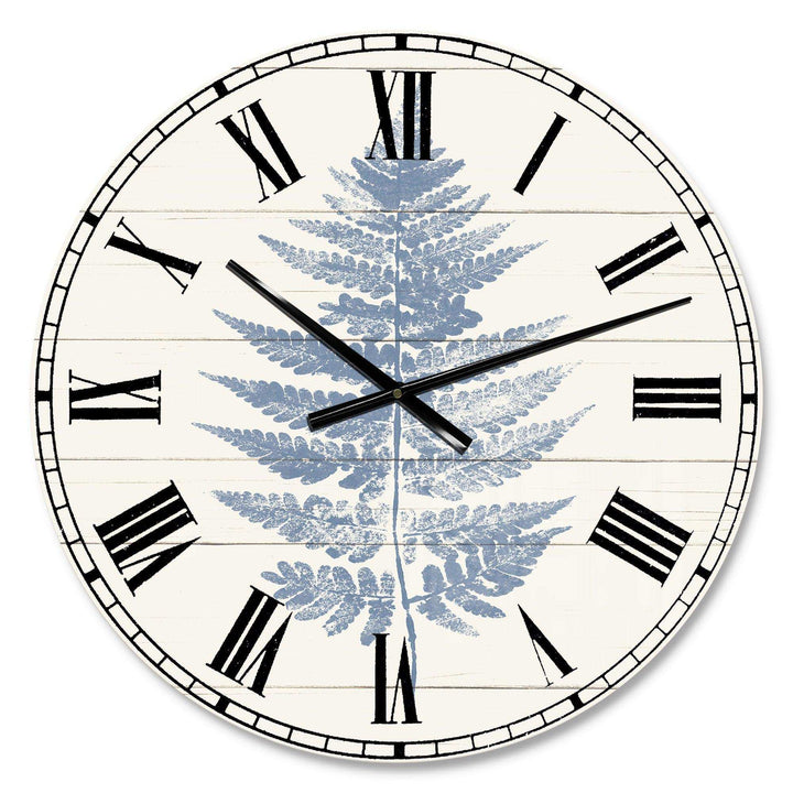 Blue Fern Print on wood I - Floral Metal Wall Clock