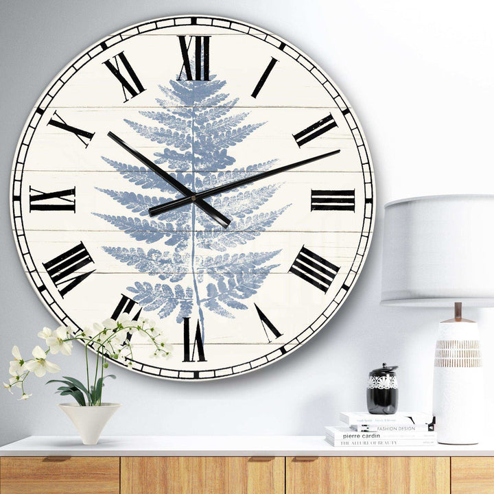 Blue Fern Print on wood I - Floral Metal Wall Clock