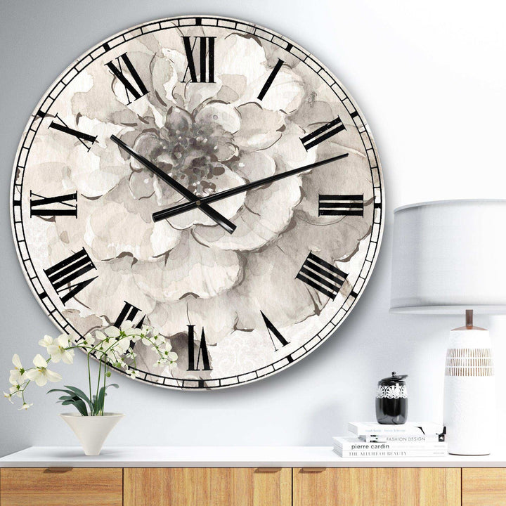 Indigold Grey Peonies I - Floral Metal Wall Clock