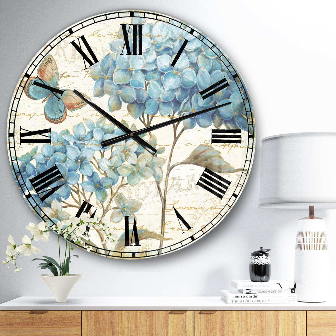 butterfly Blue Garden II - Floral Metal Wall Clock