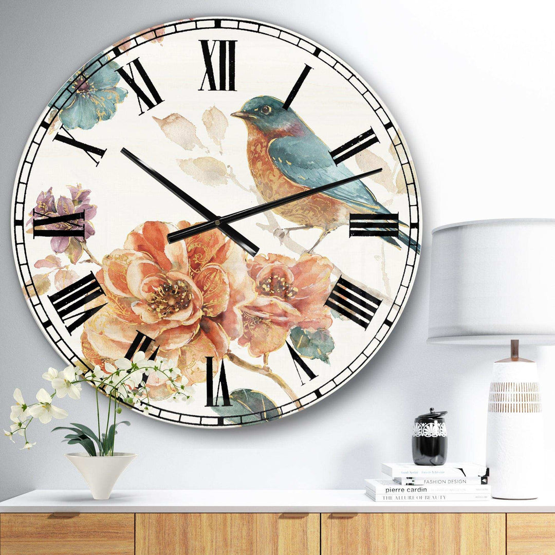 Cottage Bird on Orange Flower Twig - Animals Metal Wall Clock