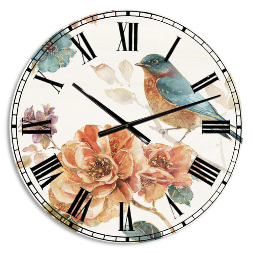 Cottage Bird on Orange Flower Twig - Animals Metal Wall Clock