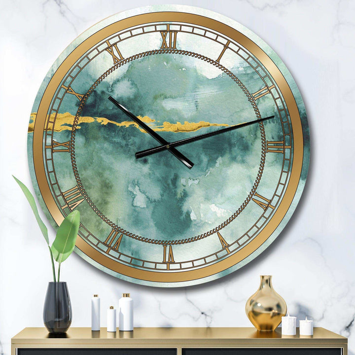 Blue Watercolor Impression with Gold - Abstract Metal Wall Clock
