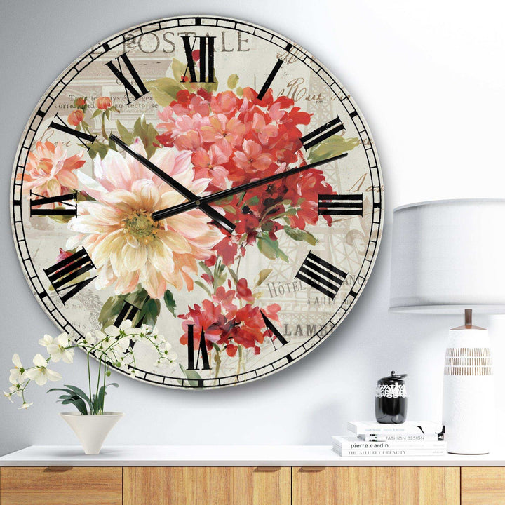 Red Painted Flowers on Vintage Postcard I - Floral Metal Wall Clock