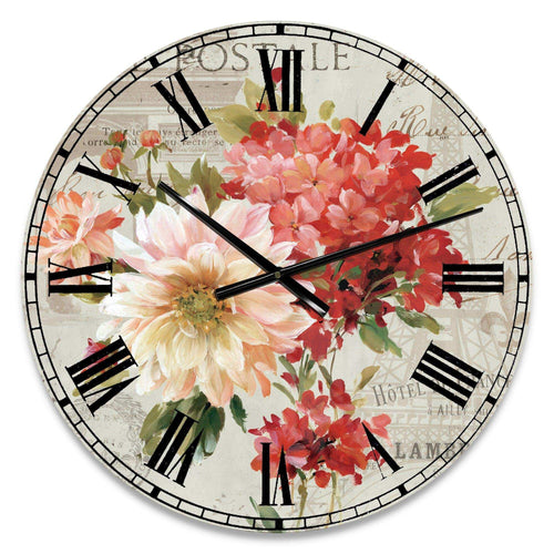 Red Painted Flowers on Vintage Postcard I - Floral Metal Wall Clock