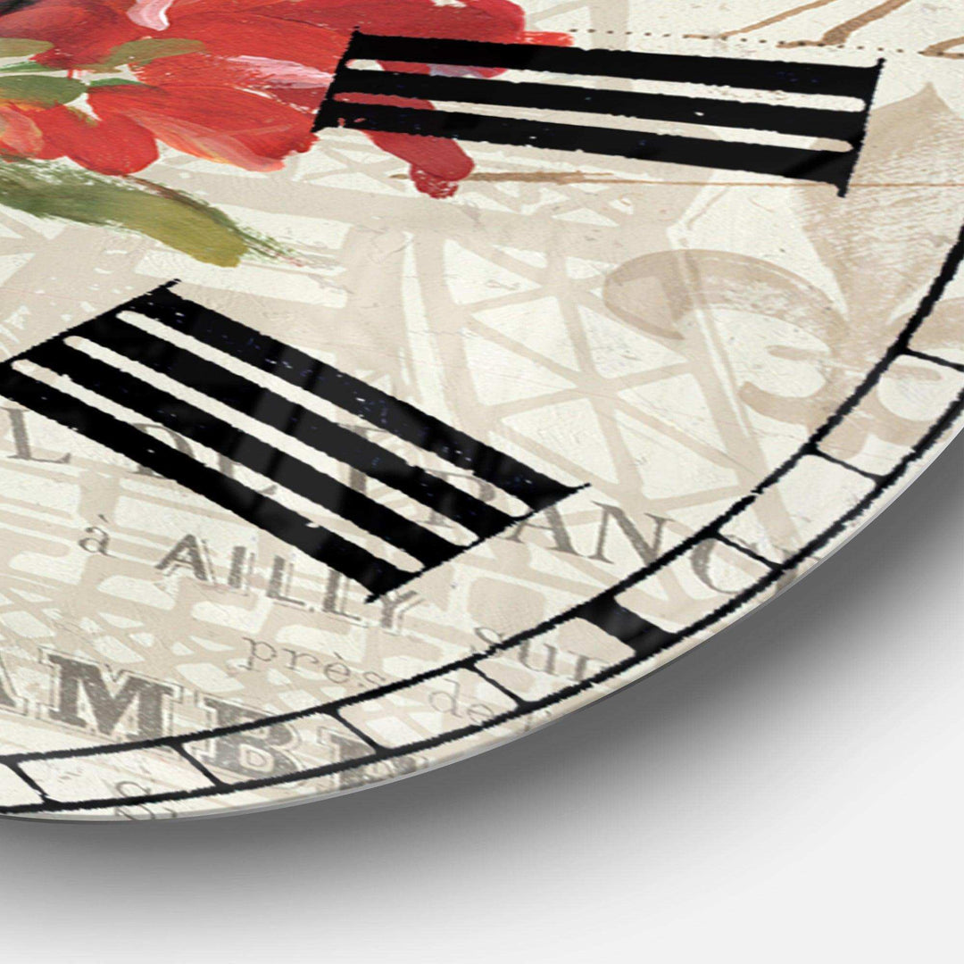 Red Painted Flowers on Vintage Postcard I - Floral Metal Wall Clock