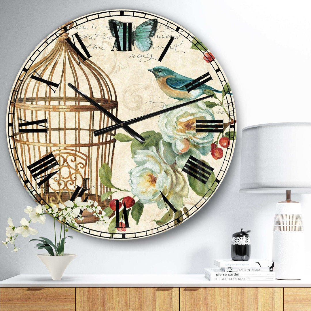 Blue Cottage Bird, Birdcage and Apple Blossoms I - Animals Metal Wall Clock