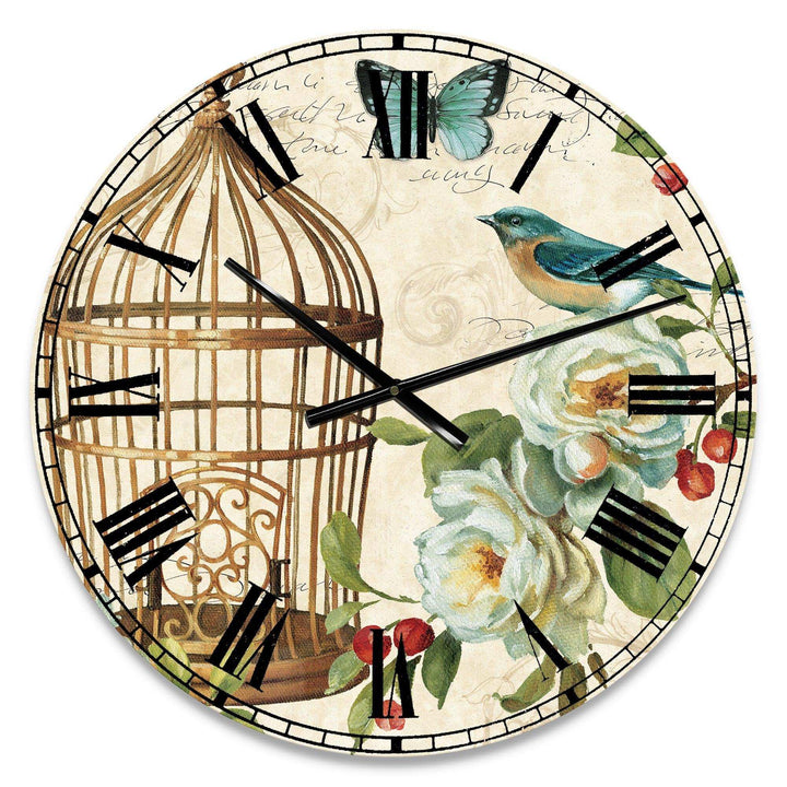 Blue Cottage Bird, Birdcage and Apple Blossoms I - Animals Metal Wall Clock