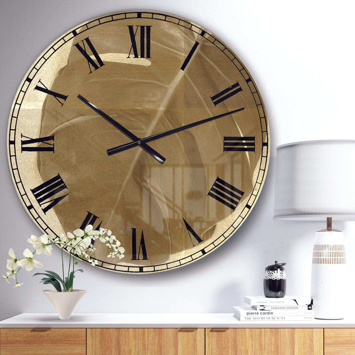 Botanical Beige Retro Leaf - Floral Metal Wall Clock
