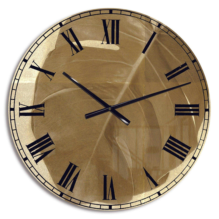 Botanical Beige Retro Leaf - Floral Metal Wall Clock