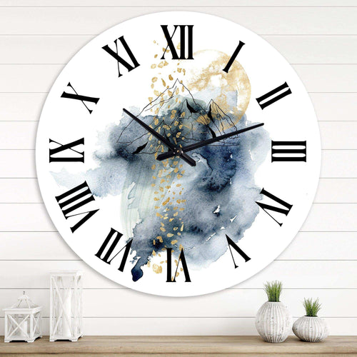Minimalistic Landscape of Mountains With Moon - Abstract Metal Wall Clock