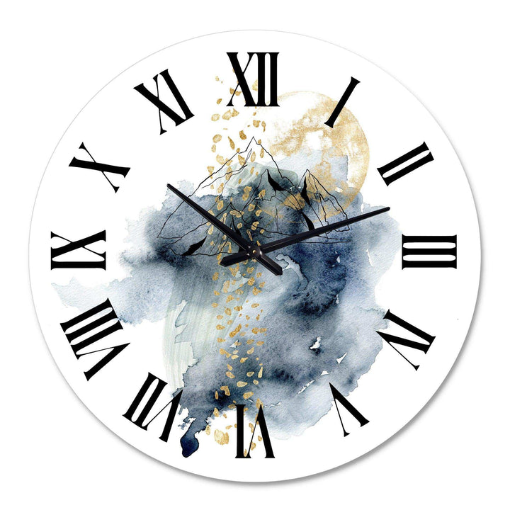 Minimalistic Landscape of Mountains With Moon - Abstract Metal Wall Clock