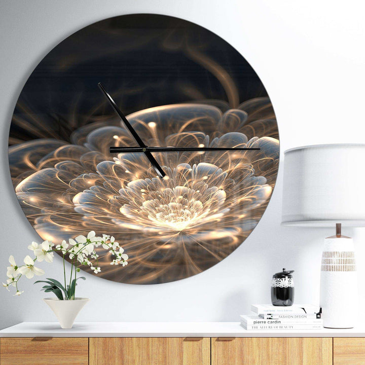 Fractal Flower with Golden Rays - Floral Metal Wall Clock