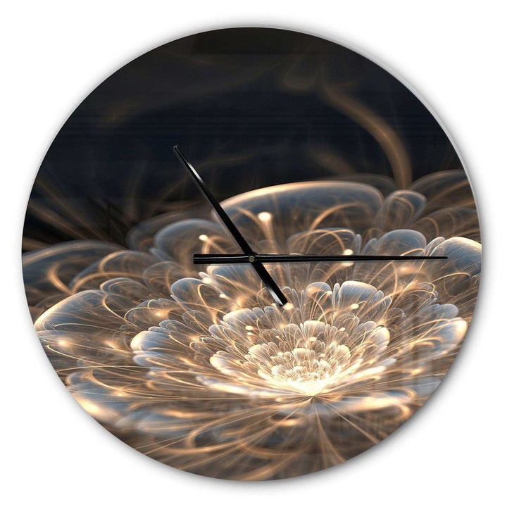 Fractal Flower with Golden Rays - Floral Metal Wall Clock