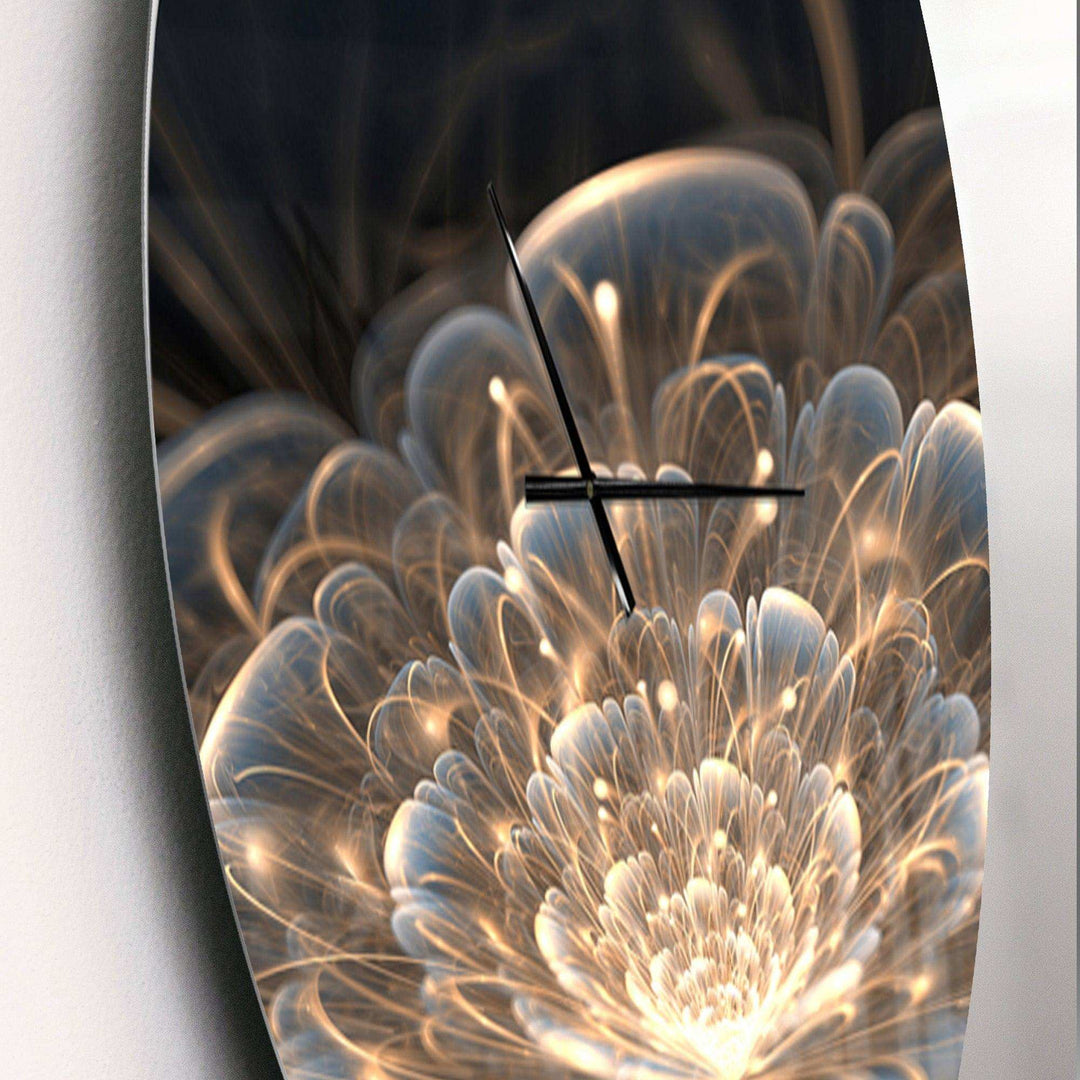 Fractal Flower with Golden Rays - Floral Metal Wall Clock