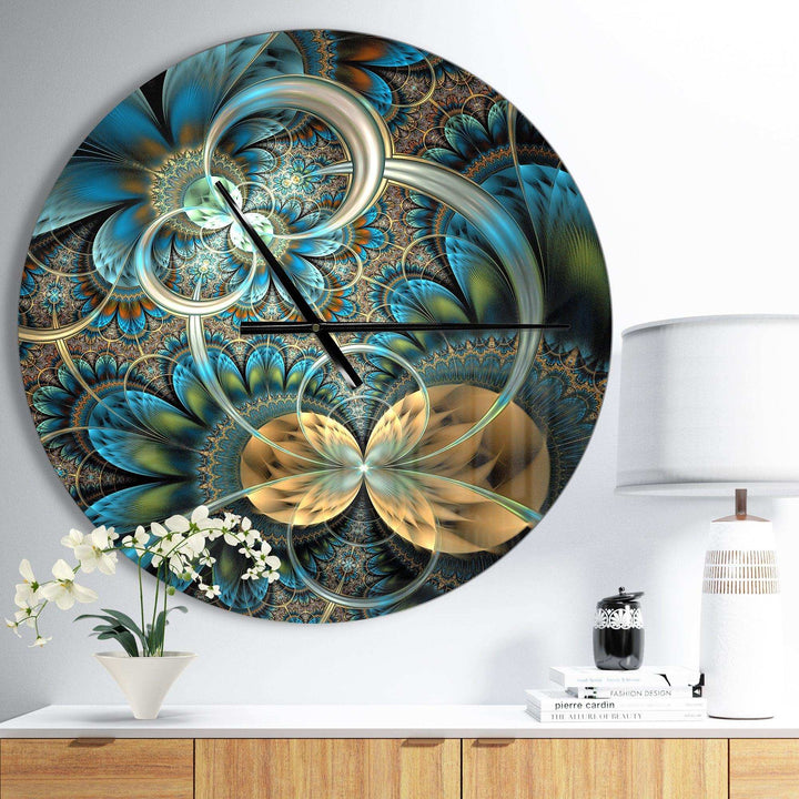 Symmetrical Blue Gold Fractal Flower - Floral Metal Wall Clock