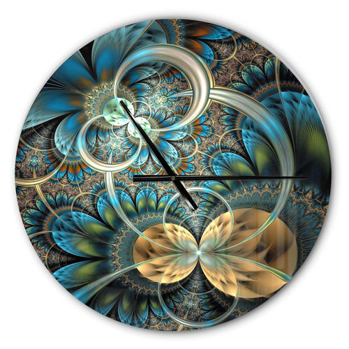 Symmetrical Blue Gold Fractal Flower - Floral Metal Wall Clock