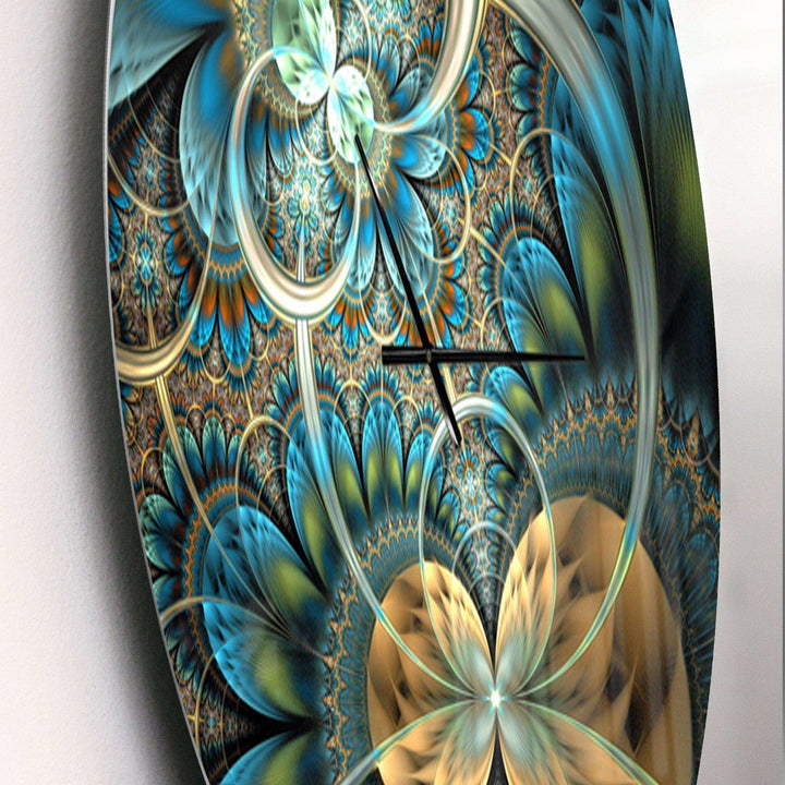 Symmetrical Blue Gold Fractal Flower - Floral Metal Wall Clock