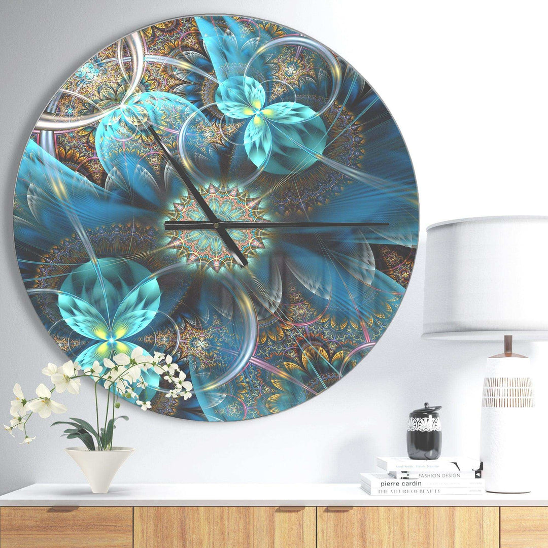 Fractal Blue Flowers - Floral Metal Wall Clock
