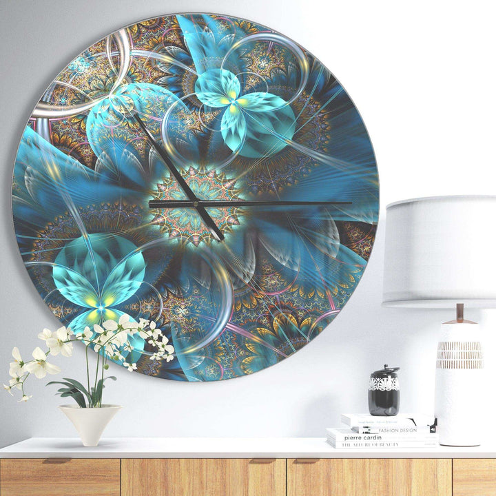 Fractal Blue Flowers - Floral Metal Wall Clock