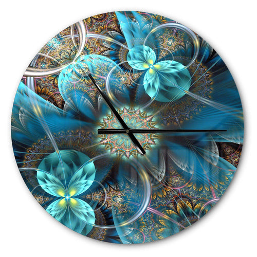 Fractal Blue Flowers - Floral Metal Wall Clock