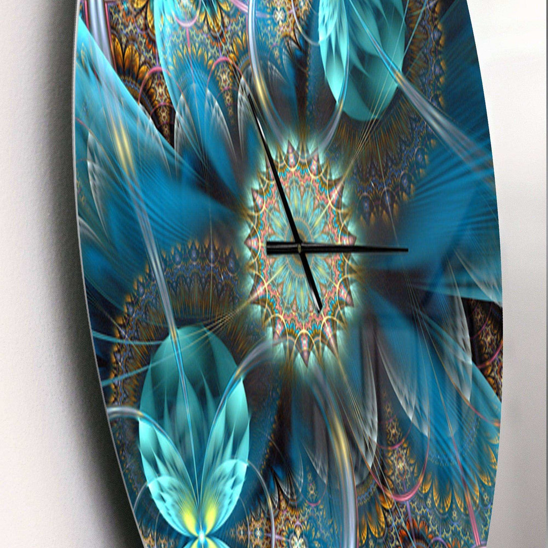 Fractal Blue Flowers - Floral Metal Wall Clock