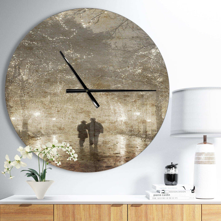 Couple Walking in Night Lights - Landscapes Metal Wall Clock