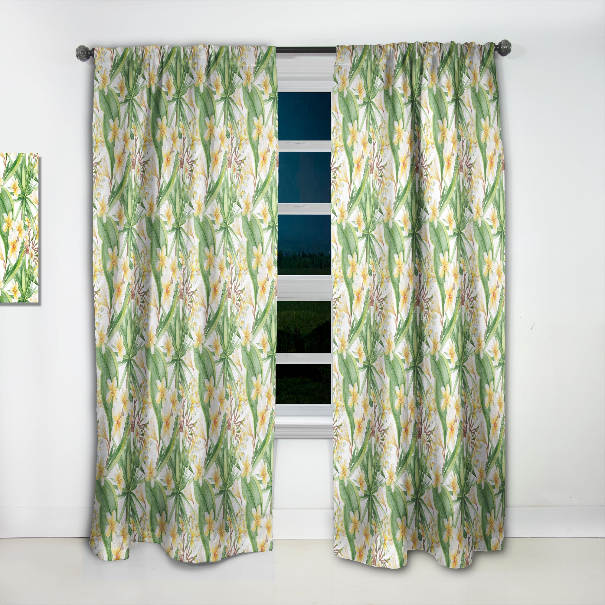 White Tropical Flowers in Botanic Setting' Floral Curtain Panel