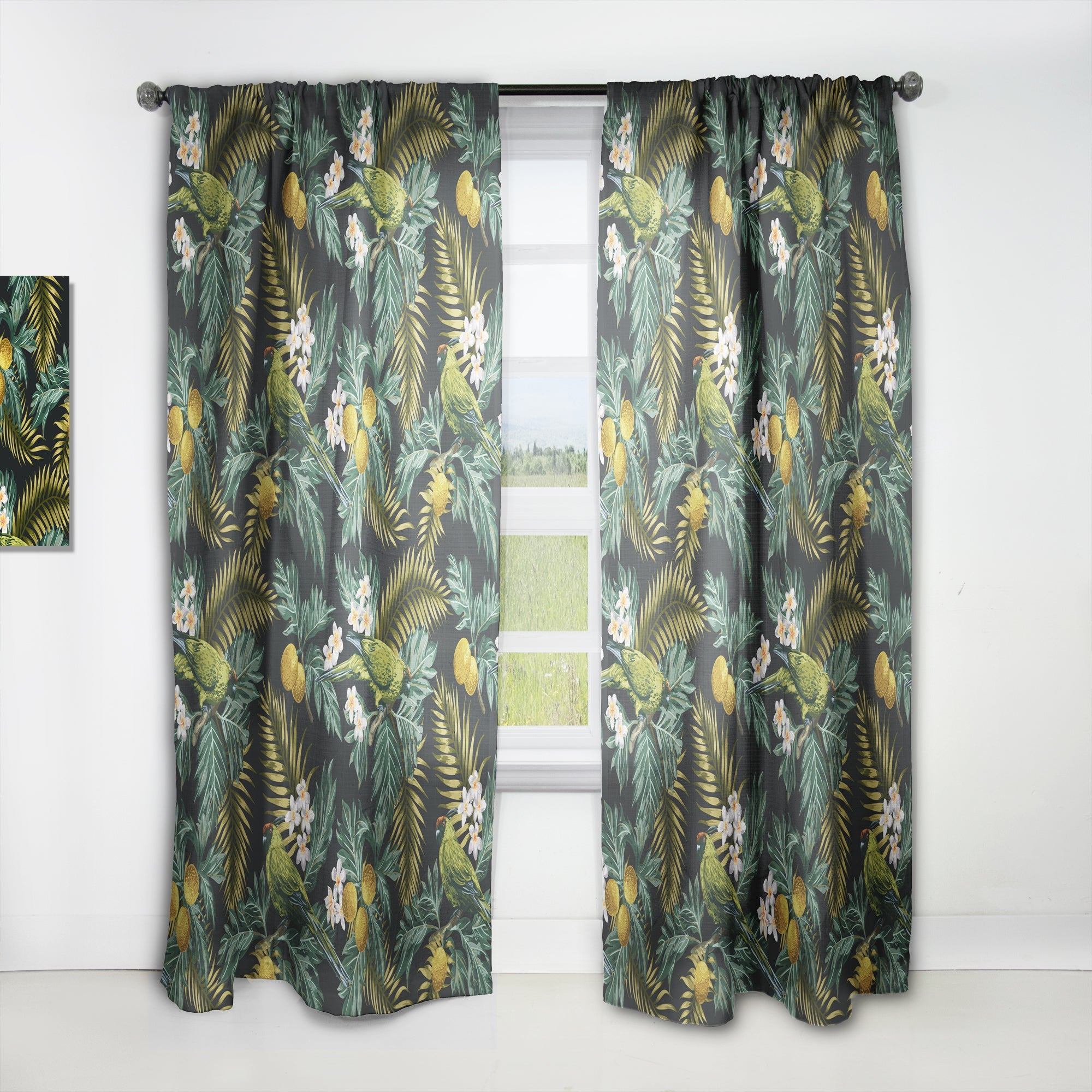 Tropical Leaves with Lemons and Green Bird' Animals Curtain Panel