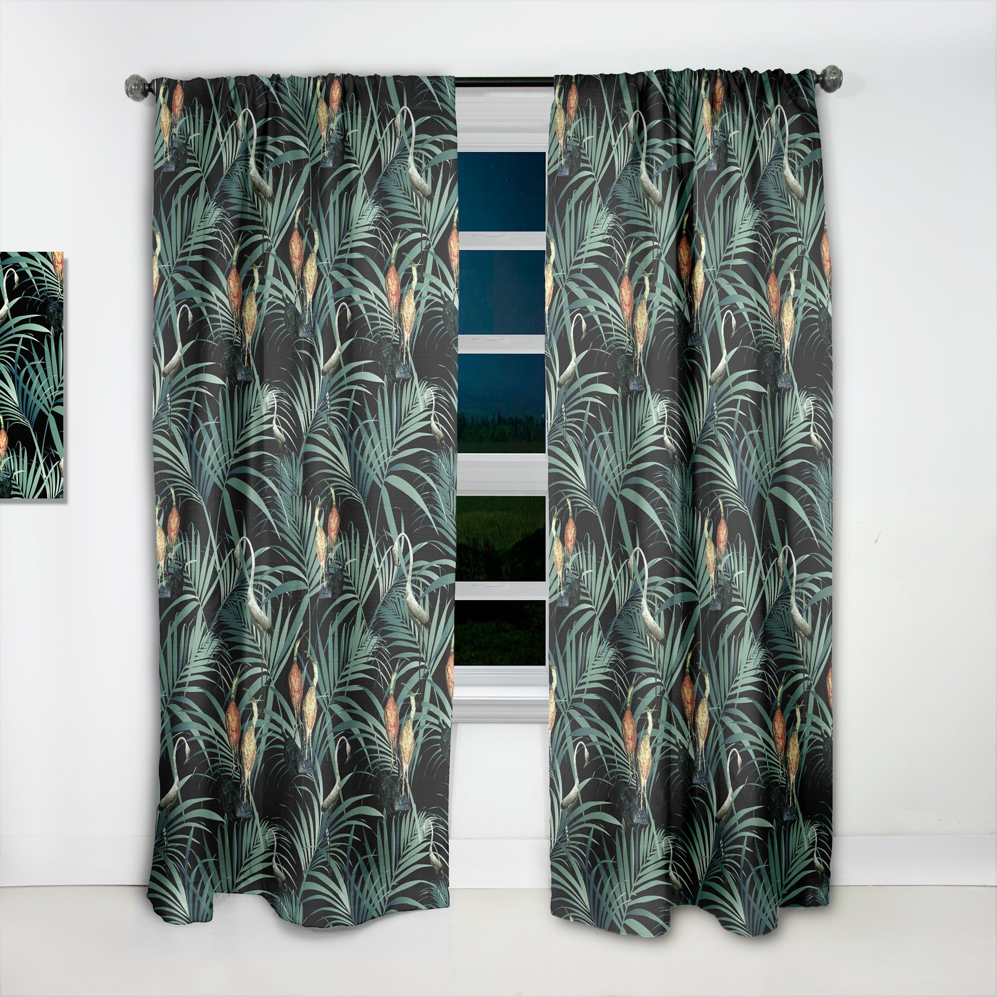 Tropical Yellow Birds On Black With Green Jungle Leaves' Abstract Curtain Panel
