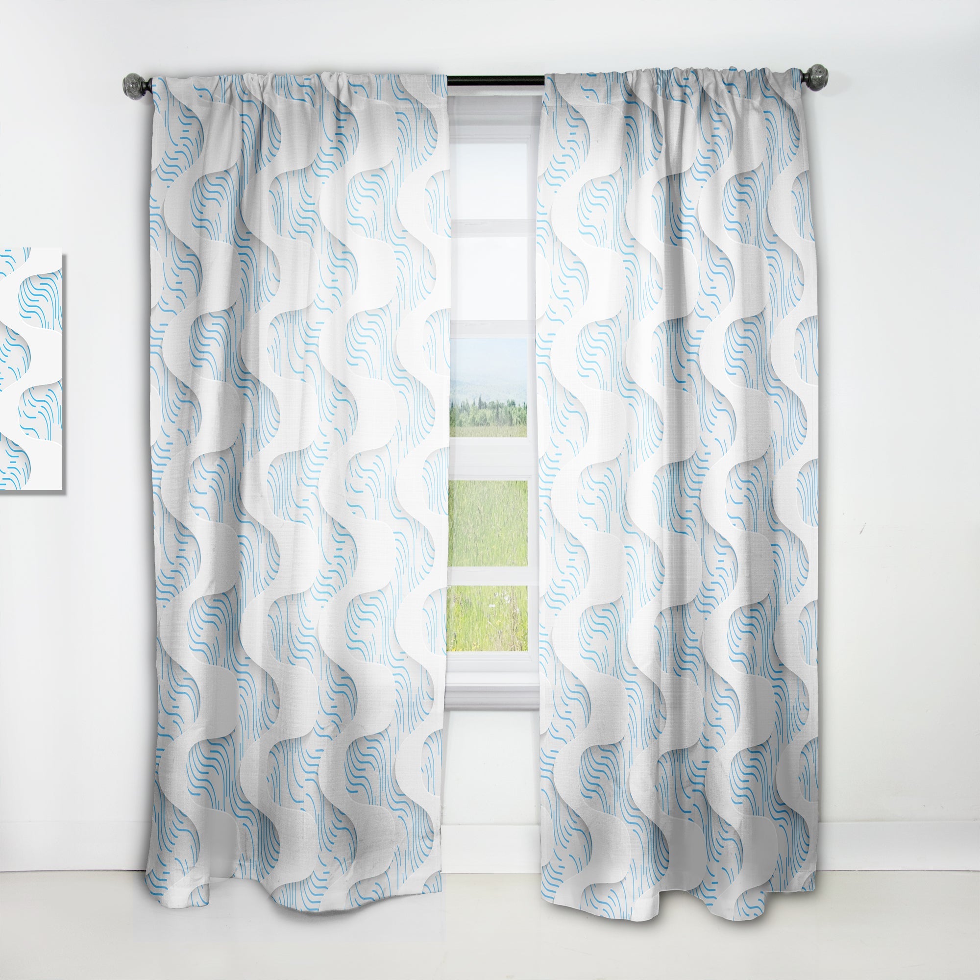 White and Blue 3D Waves' Modern & Contemporary Curtain Panel