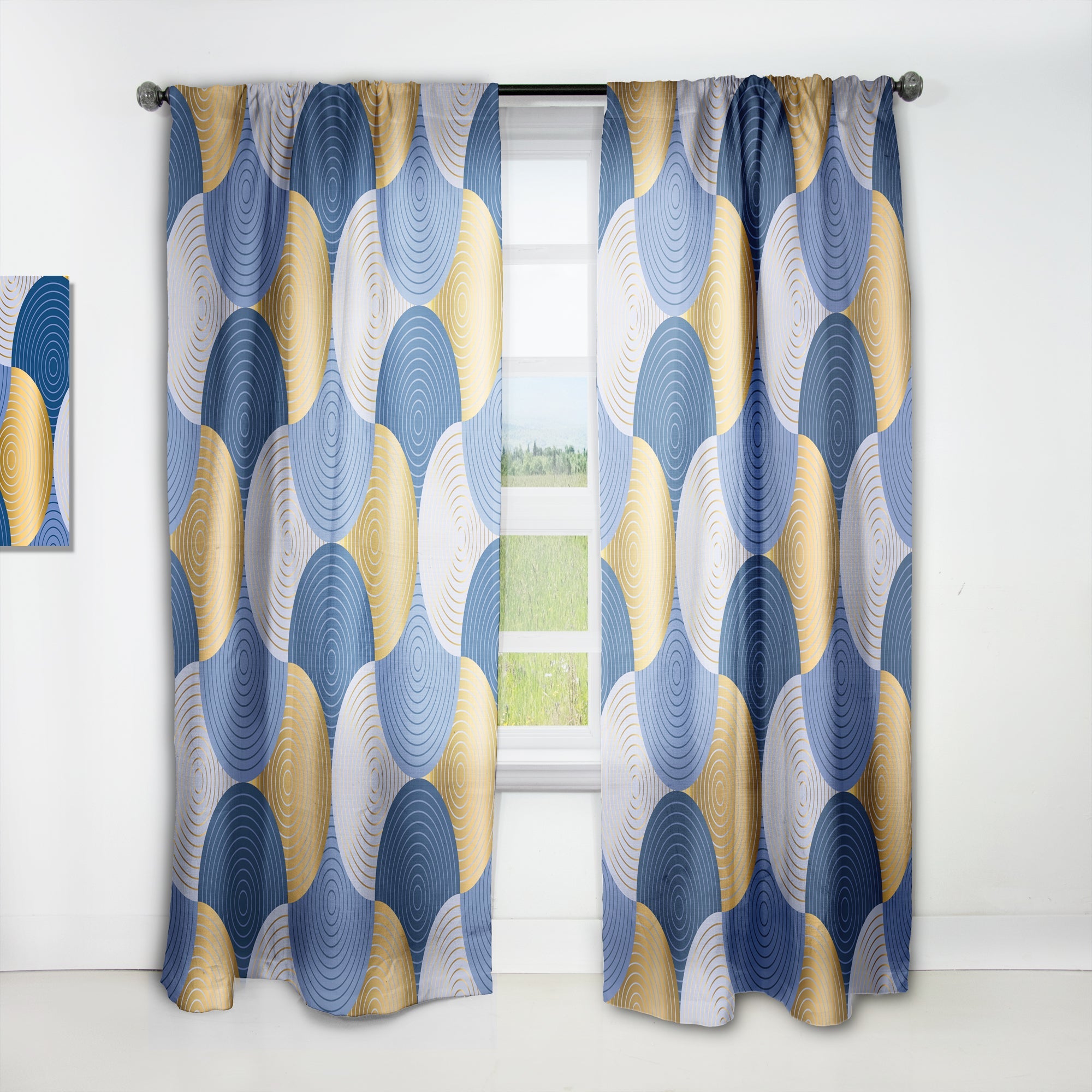 Retro Luxury Waves In Gold And Blue X' Mid-Century Modern Curtain Panel