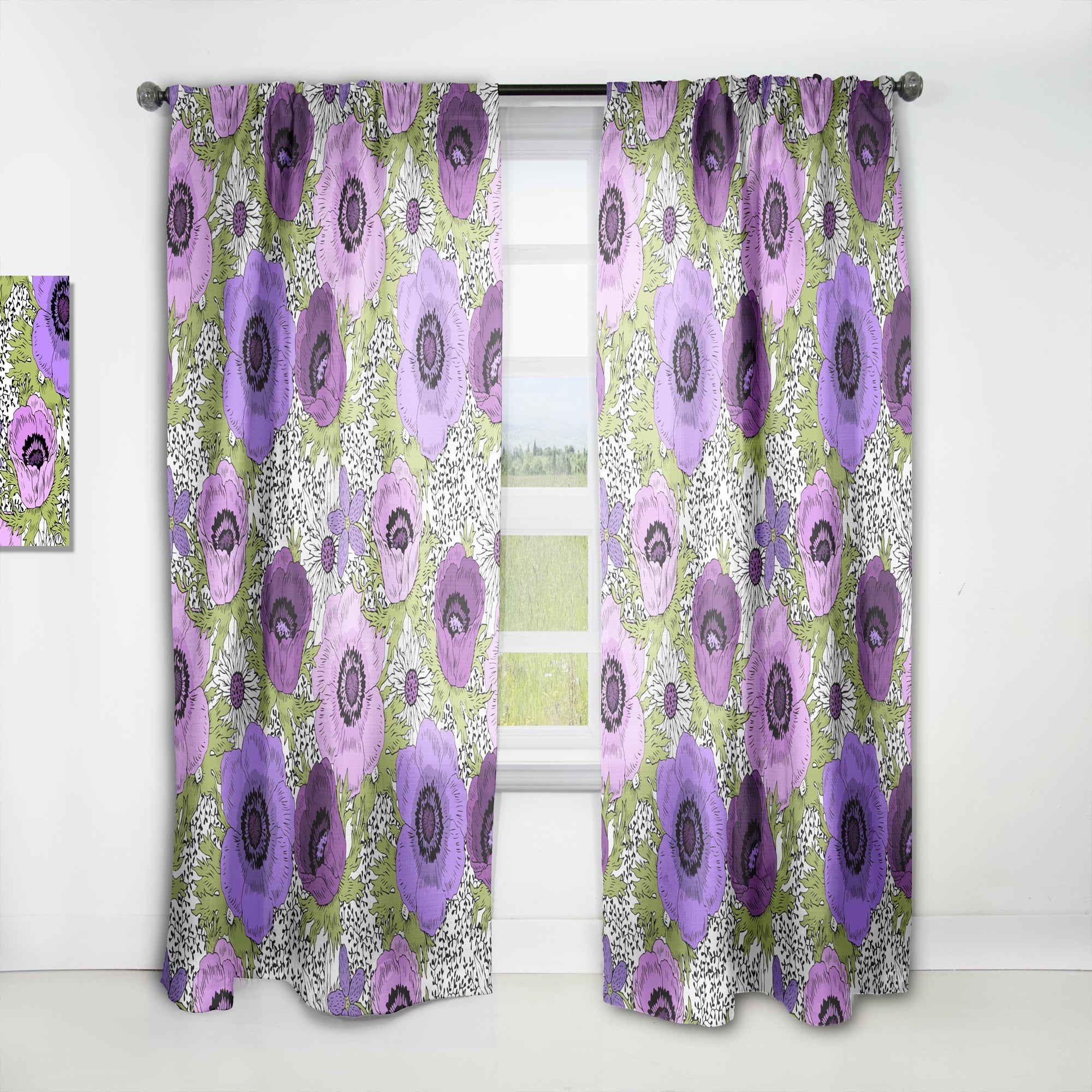 Purple Retro Fantasy Flowers' Mid-Century Modern Curtain Panel