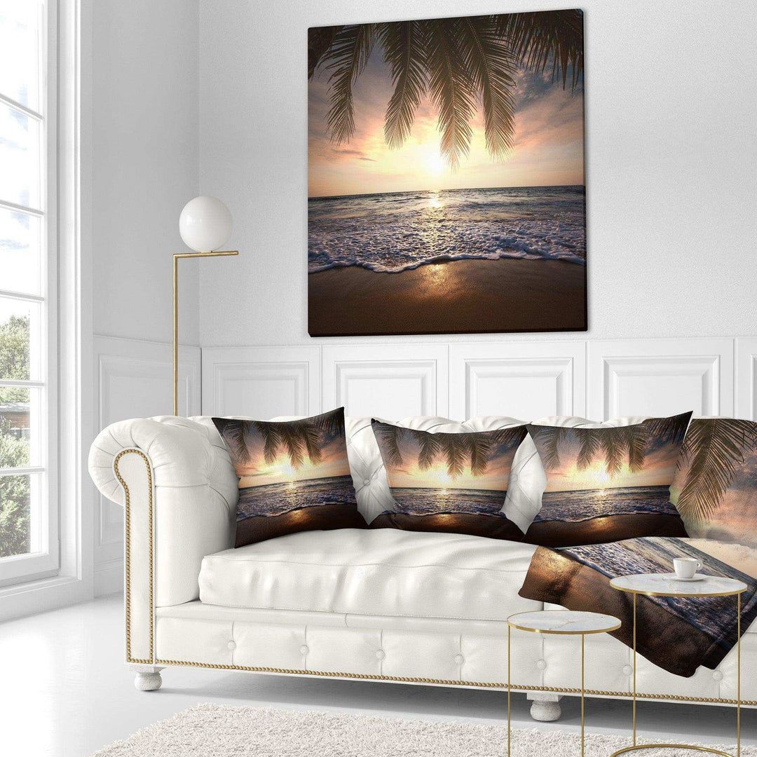 Tropical Beach with Palm Leaves - Seashore Throw Pillow