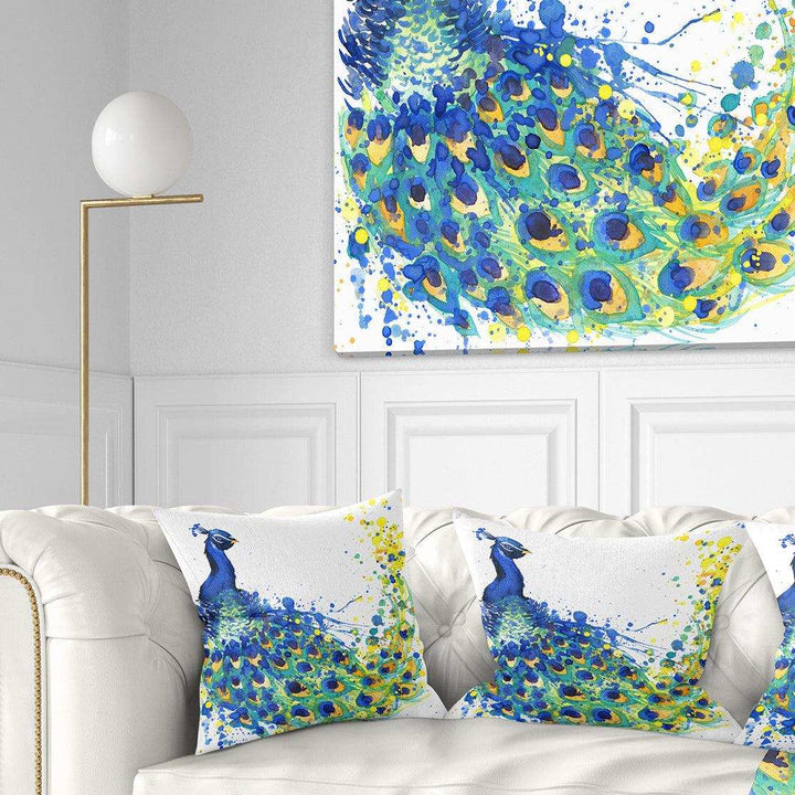 Exotic Peacock Watercolor - Contemporary Animal Throw Pillow