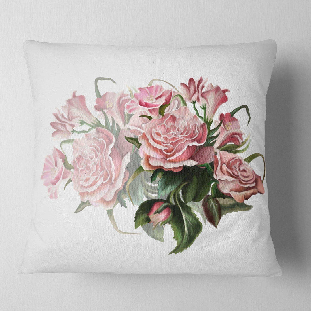 Pink Rose Bouquet Watercolor - Floral Throw Pillow