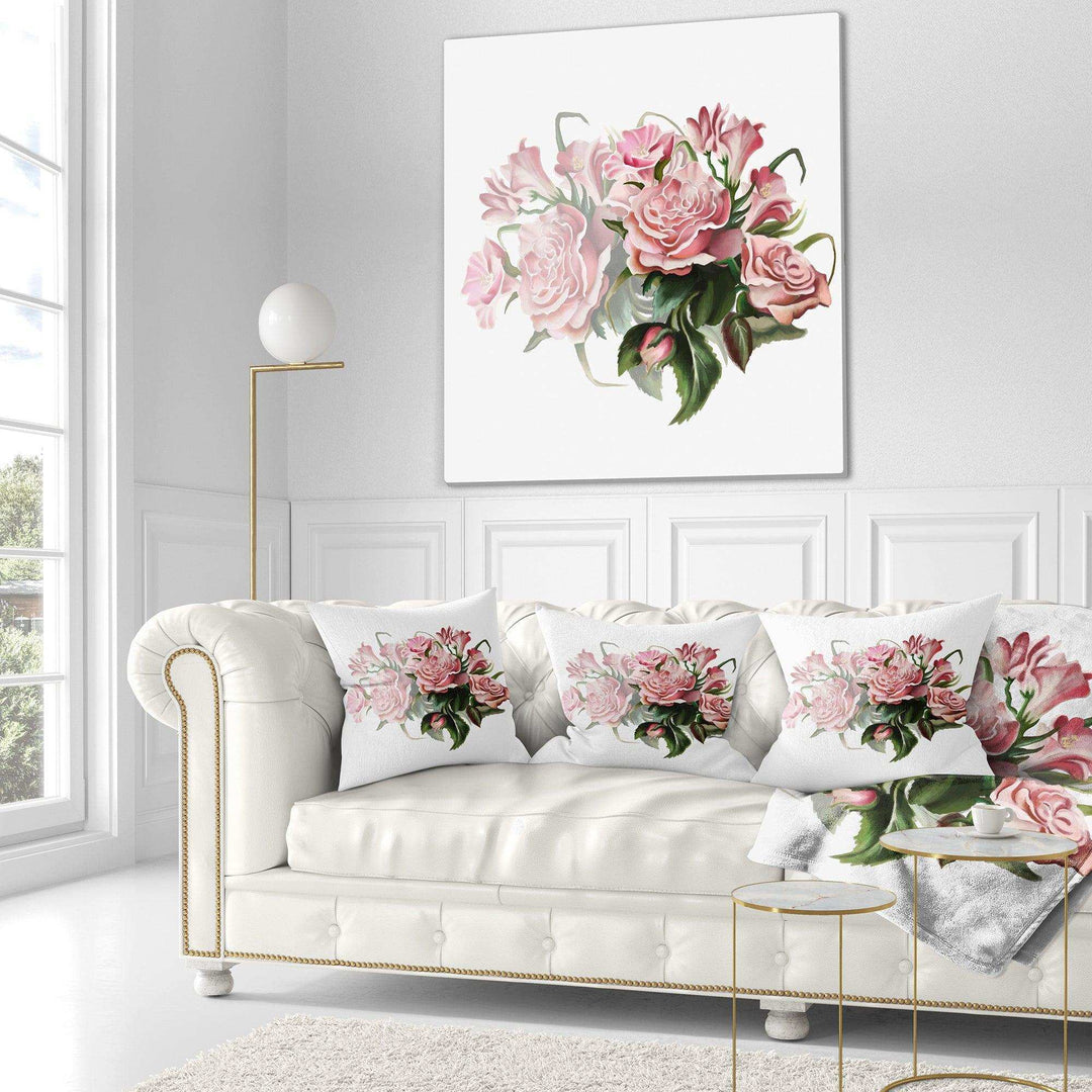 Pink Rose Bouquet Watercolor - Floral Throw Pillow
