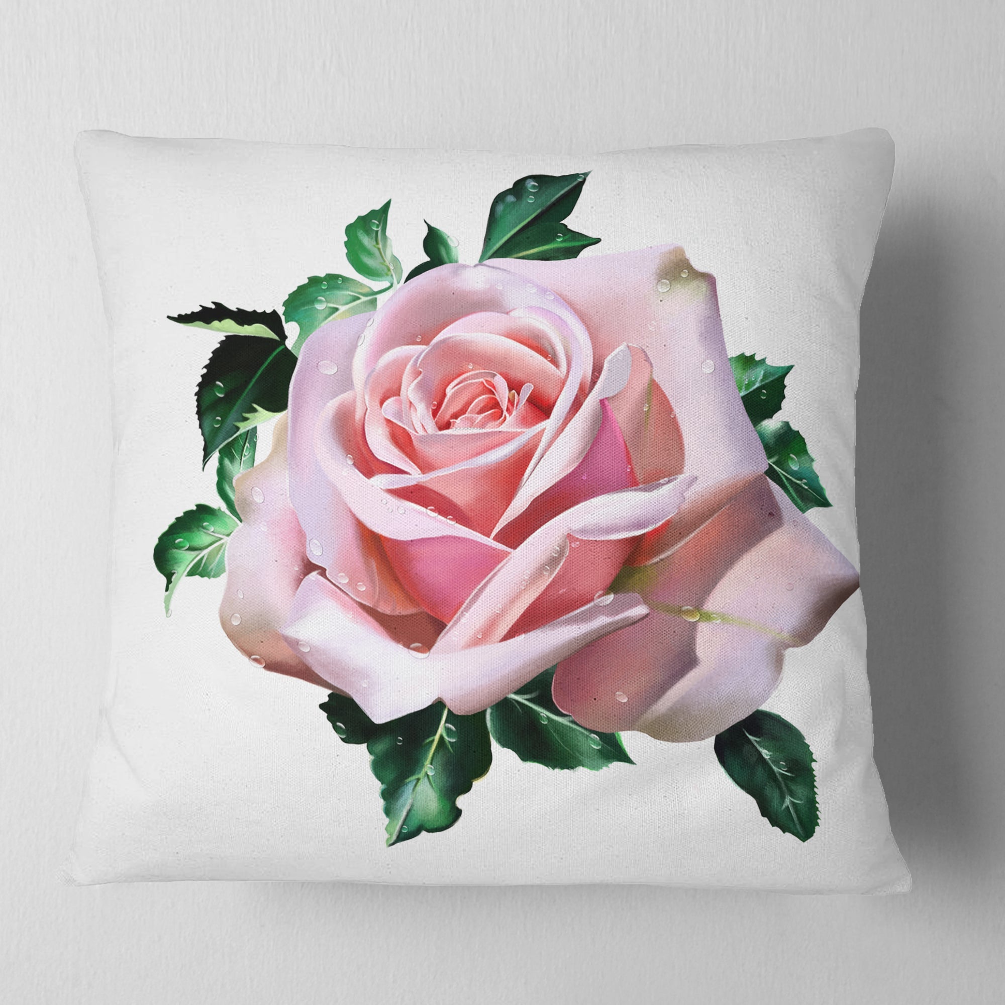 Watercolor Rose with Green Leaves - Floral Throw Pillow