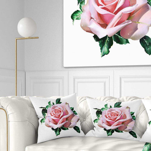 Watercolor Rose with Green Leaves - Floral Throw Pillow