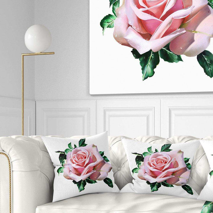 Watercolor Rose with Green Leaves - Floral Throw Pillow