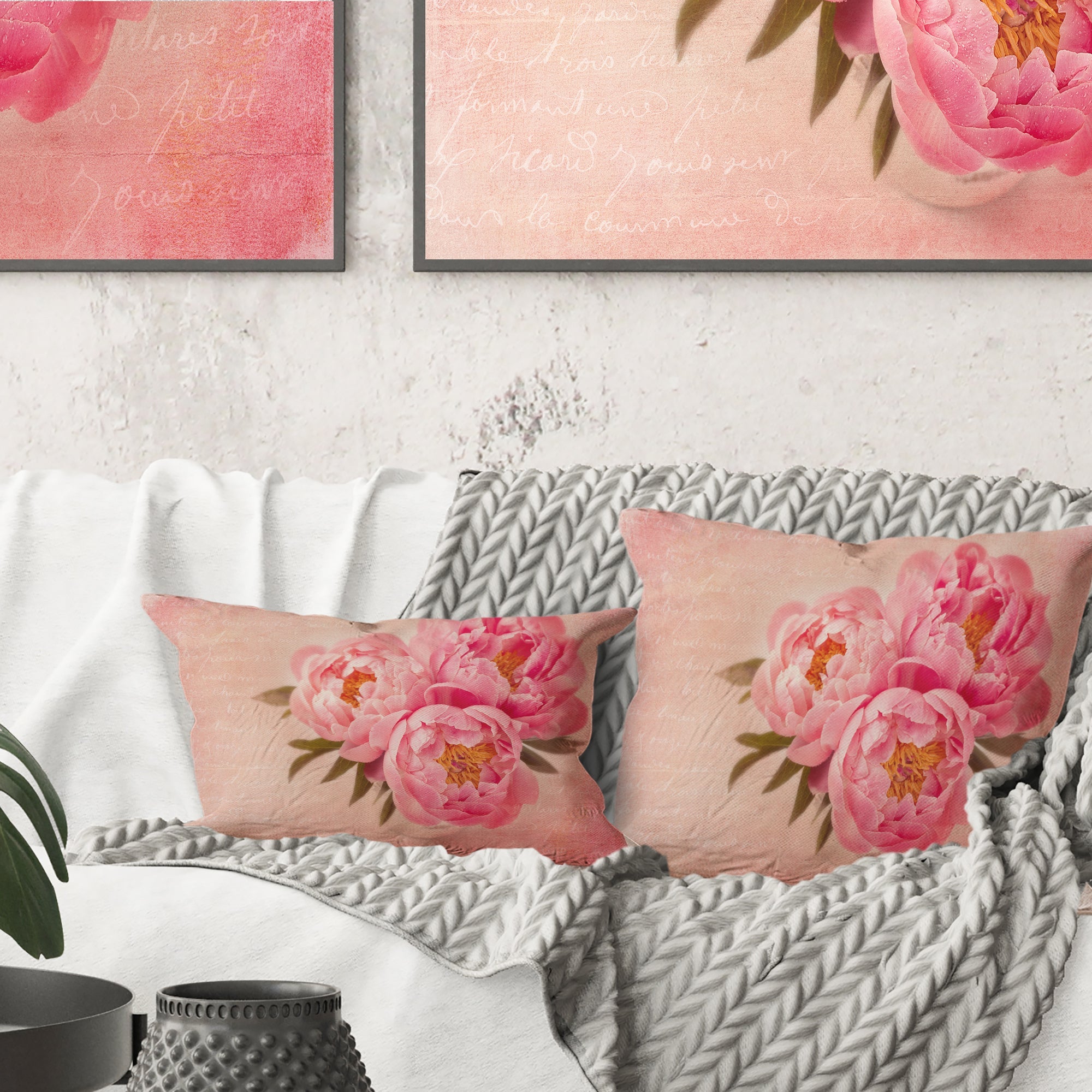 Peony Flowers against Scribbled Back - Floral Throw Pillow