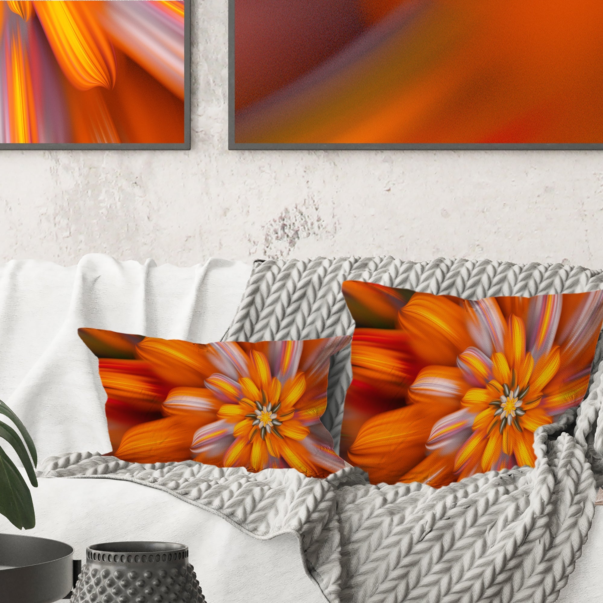 Massive Orange Fractal Flower - Floral Throw Pillow
