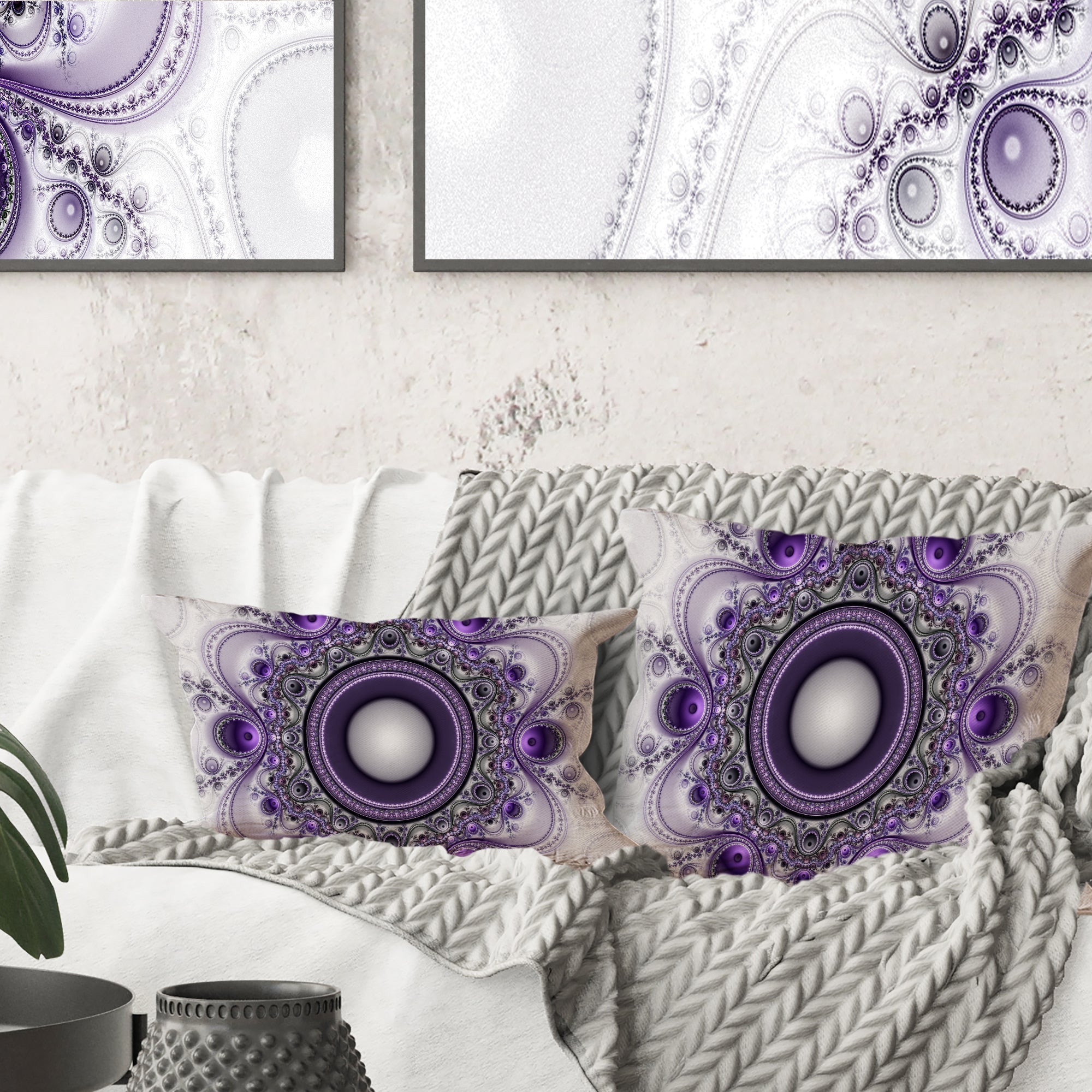 Purple Fractal Pattern with Circles - Abstract Throw Pillow